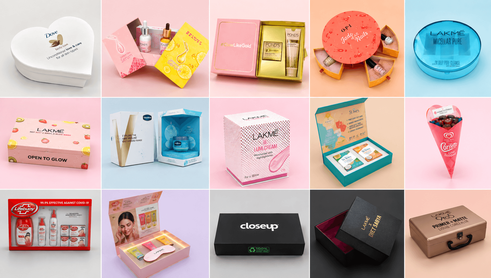 A grid of kit and gifting-box work by Redma Unbox, including projects for Dove, Pond's, Lakmé, OPI, Vaseline, St. Ives, Lifebuoy and Closeup.